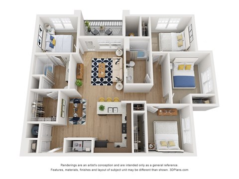 Floor plan for 4 beds, 2 baths, 1304 sqft